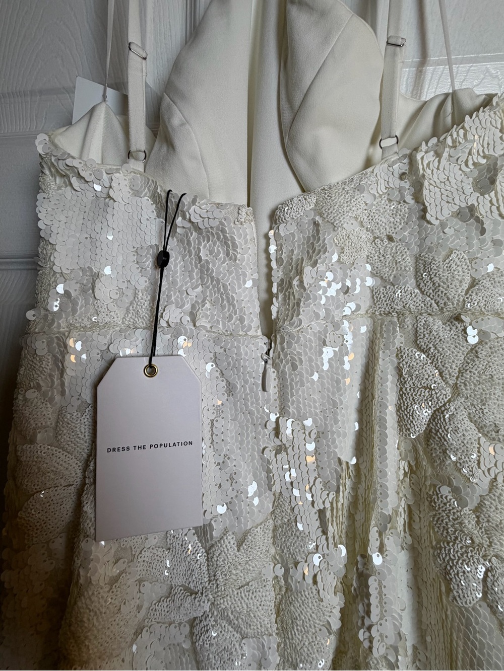 Dress the Population Victoria White Floral Flip Sequin Halter Mini Dress NWT L - Picture 8 of 9
